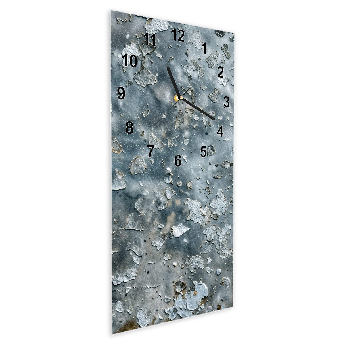 Wanduhr aus Glas im Hochformat Abgeplatztes Graublau schräg von der Seite, 4 mm starkes Glas