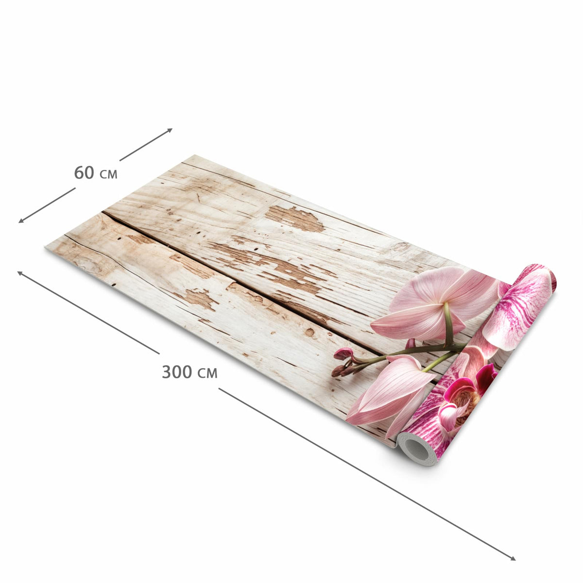 Fleckenresistenter Küchenläufer mit Motiv Orchideen auf Holz in der Grösse 60x180 cm