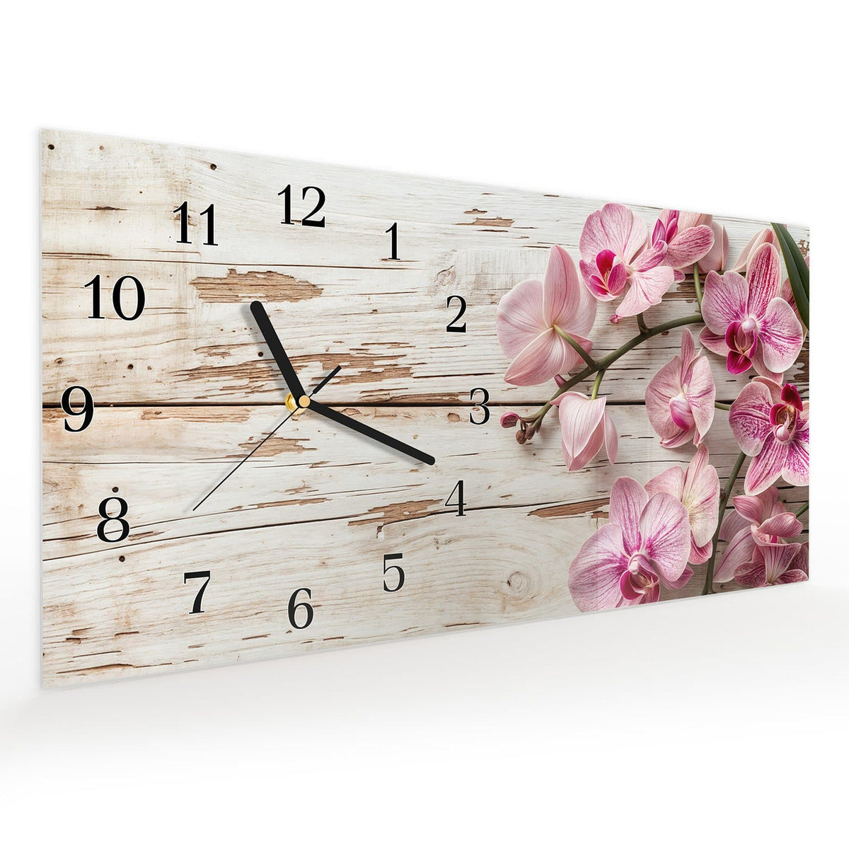 Vormontiert – mit Schwebeeffekt – Wanduhr Orchideen auf Holz aus Glas – Querformat 60 × 30 cm