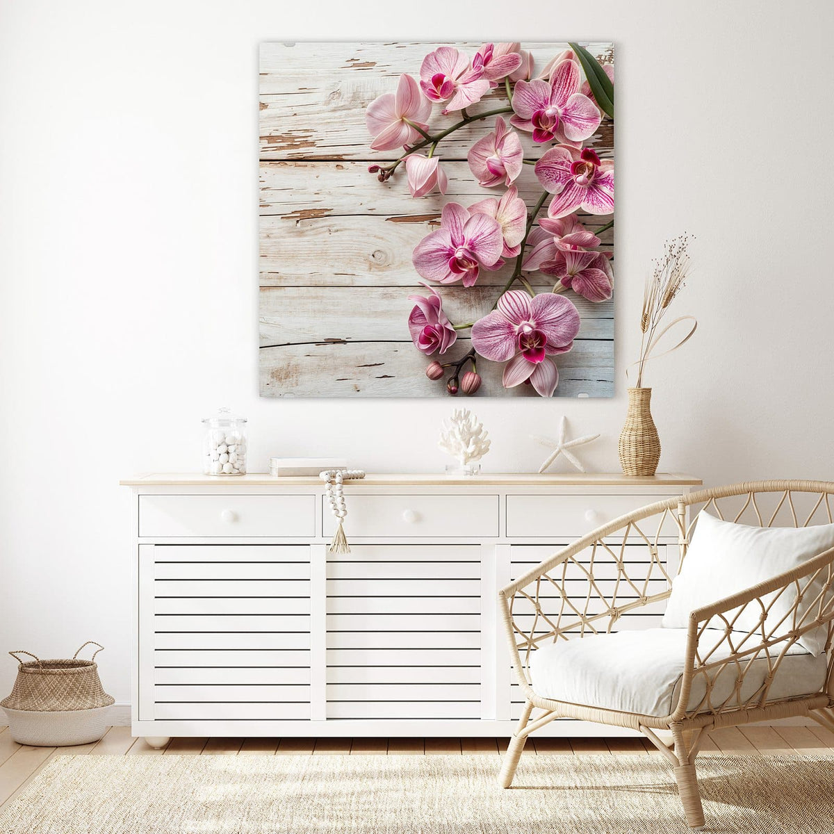 Echtglas, 4 mm – kein Acryl, keine Folie – Wandbild - Orchideen auf Holz - Quadratisch
