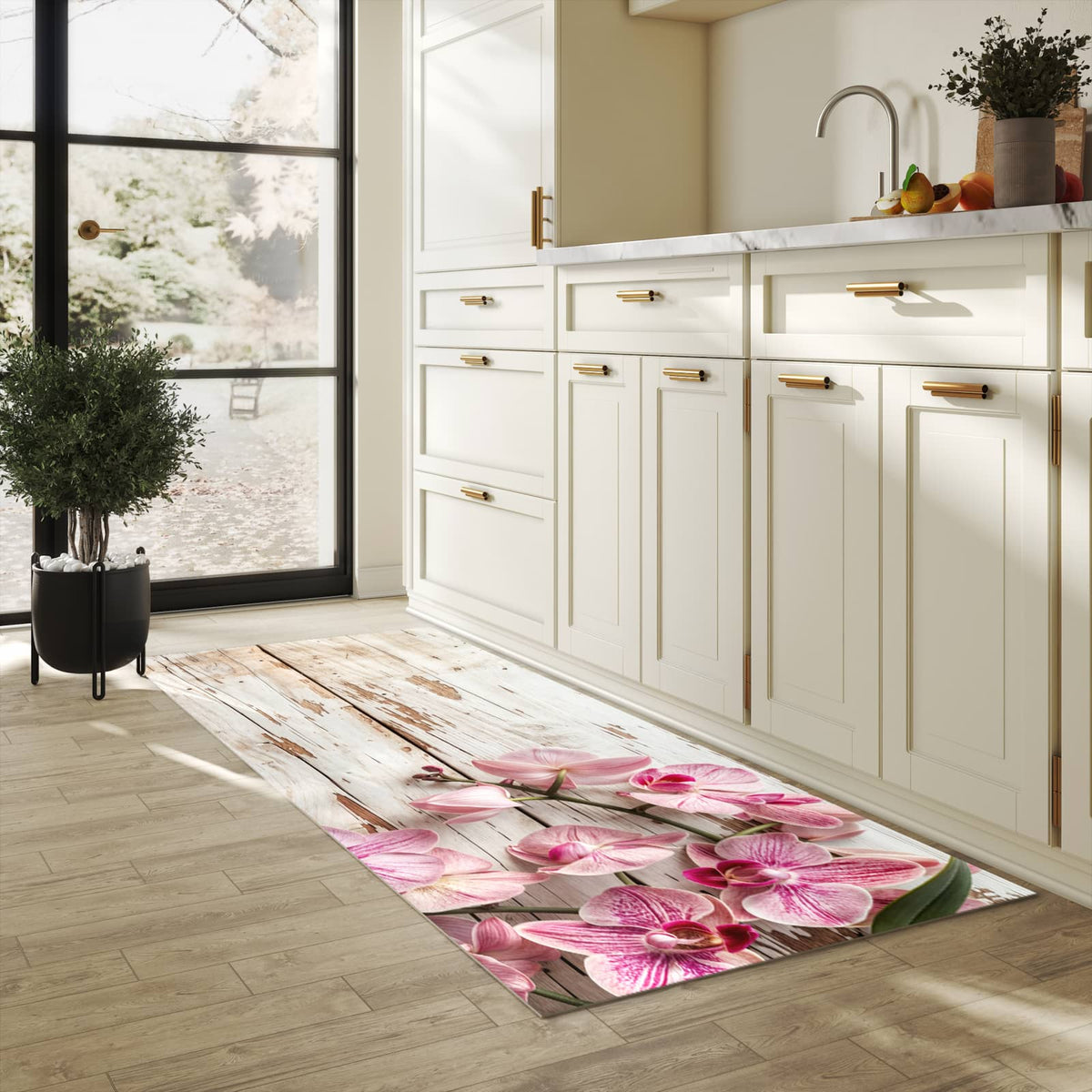 Geruchsneutraler Küchenläufer nach Maß mit Motiv Orchideen auf Holz in heller Küche
