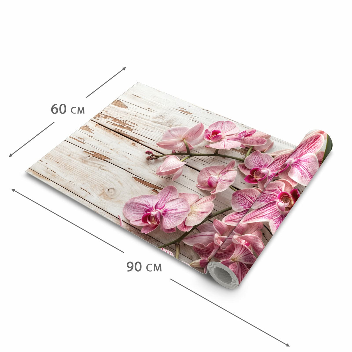 Schmutzabweisender Küchenteppich mit Motiv Orchideen auf Holz in der Grösse 60x180 cm
