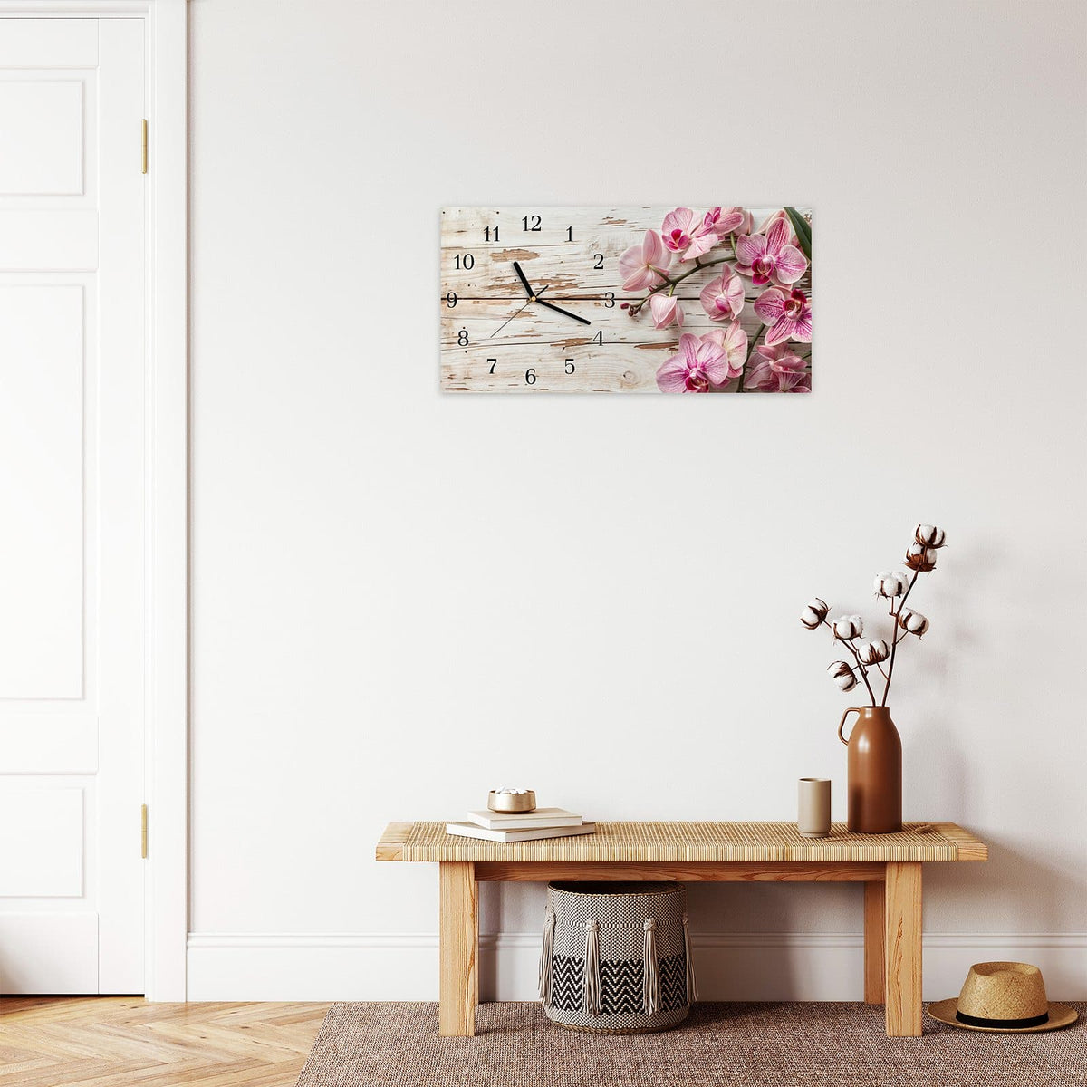 Moderne Wanduhr aus Glas mit Farbtiefe – Wanduhr Orchideen auf Holz aus Glas – Querformat 60 × 30 cm