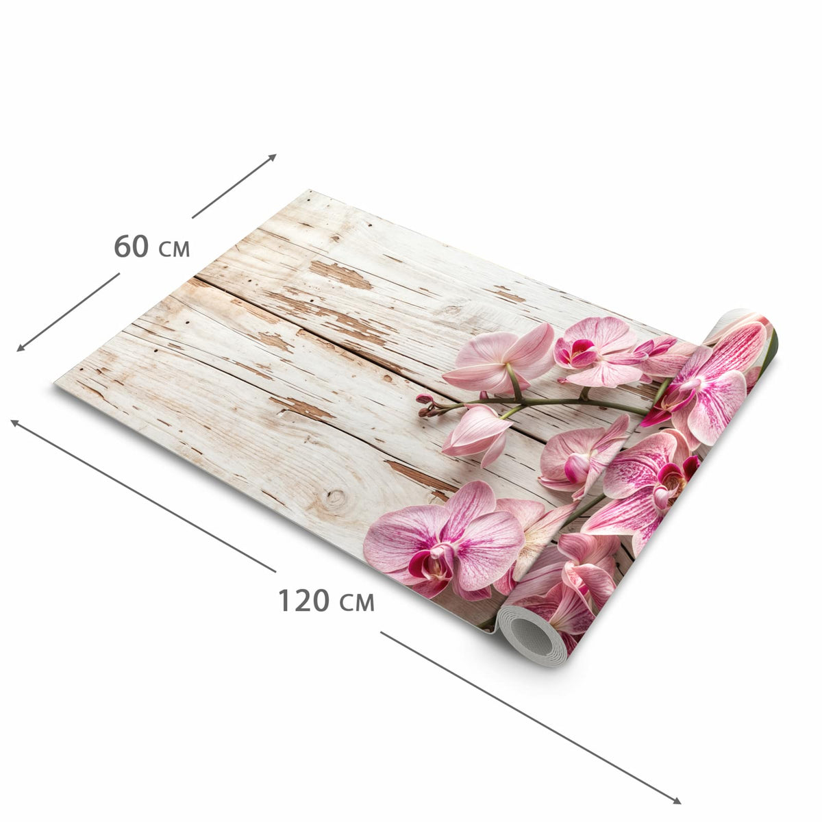 Geräuschdämpfender Teppich für die Küche mit Motiv Orchideen auf Holz in der Größe 60x180 cm