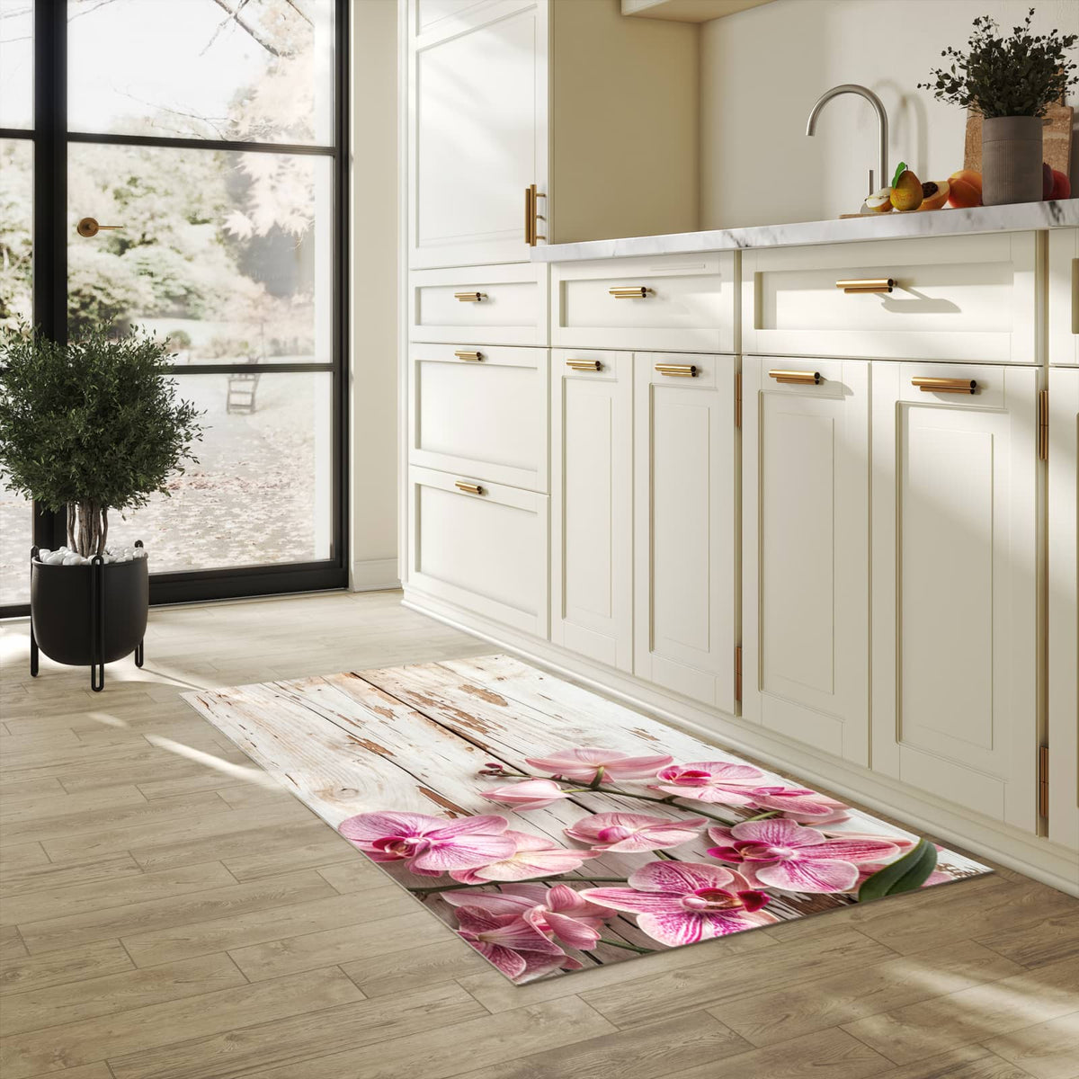 Schmutzabweisender moderner Küchenläufer mit Motiv Orchideen auf Holz in heller Küche