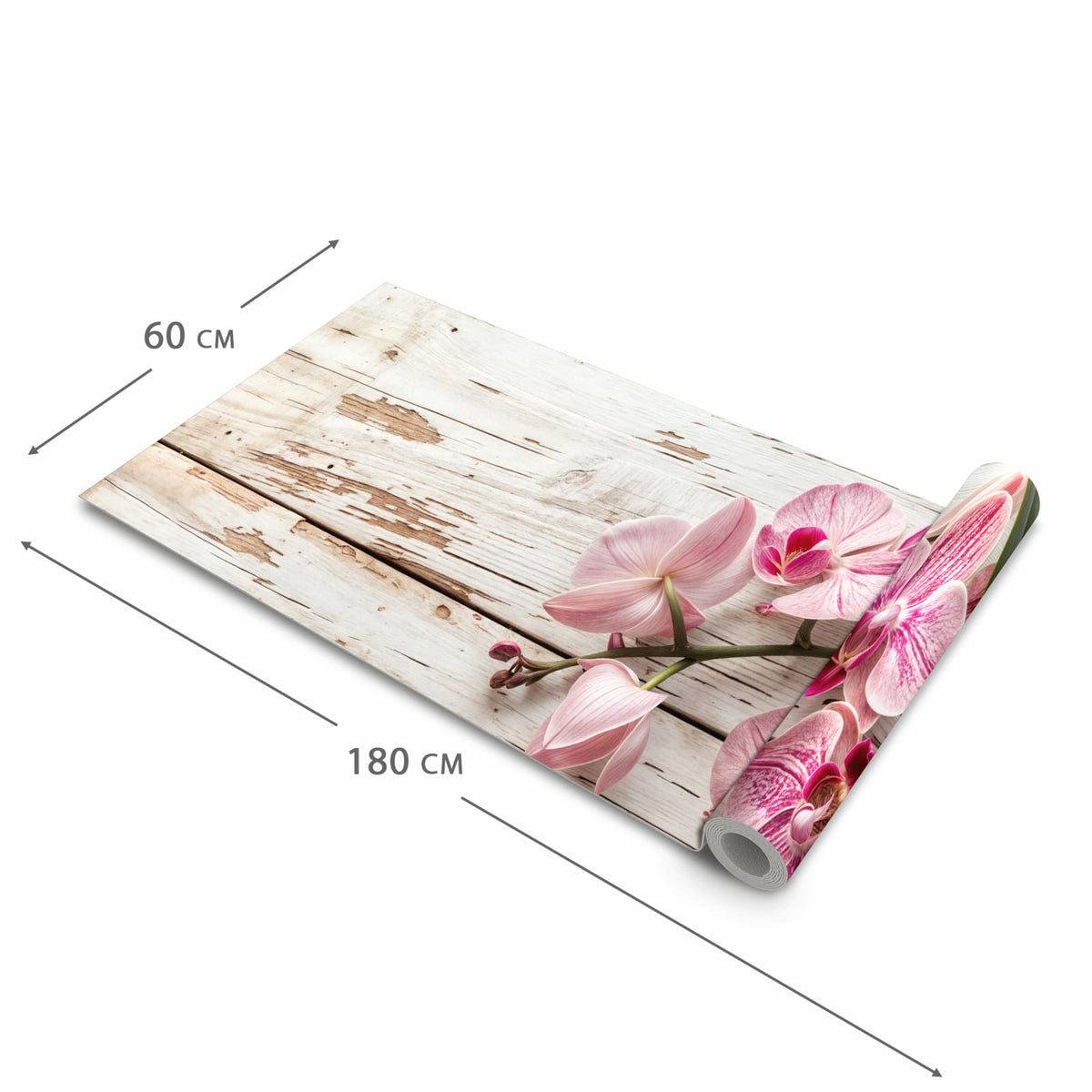 UV-beständiger Küchenteppich mit Motiv Orchideen auf Holz in der Grösse 60x180 cm
