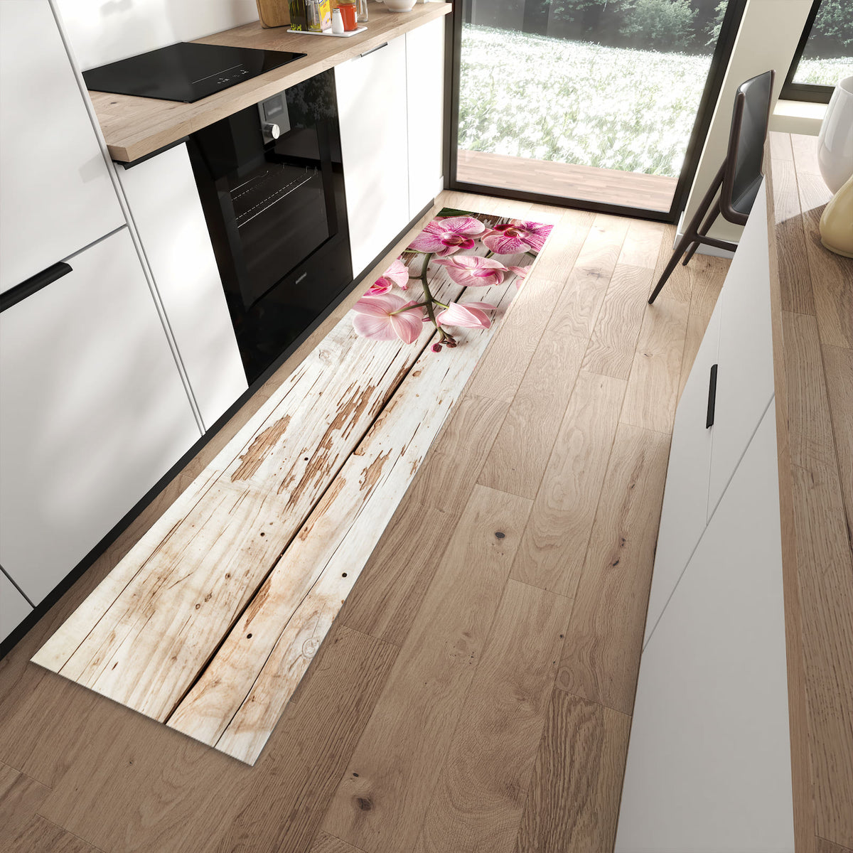 Bodenschonender rutschfester Küchenläufer mit Motiv Orchideen auf Holz in moderner Küche