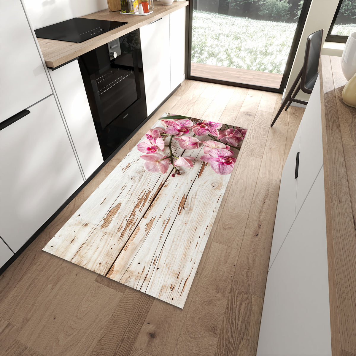UV-beständiger Küchenteppich mit Motiv Orchideen auf Holz in moderner Küche