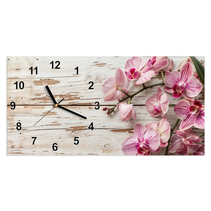 Wanduhr Orchideen auf Holz aus Glas – Querformat 60 × 30 cm mit Ziffernblatt Modern