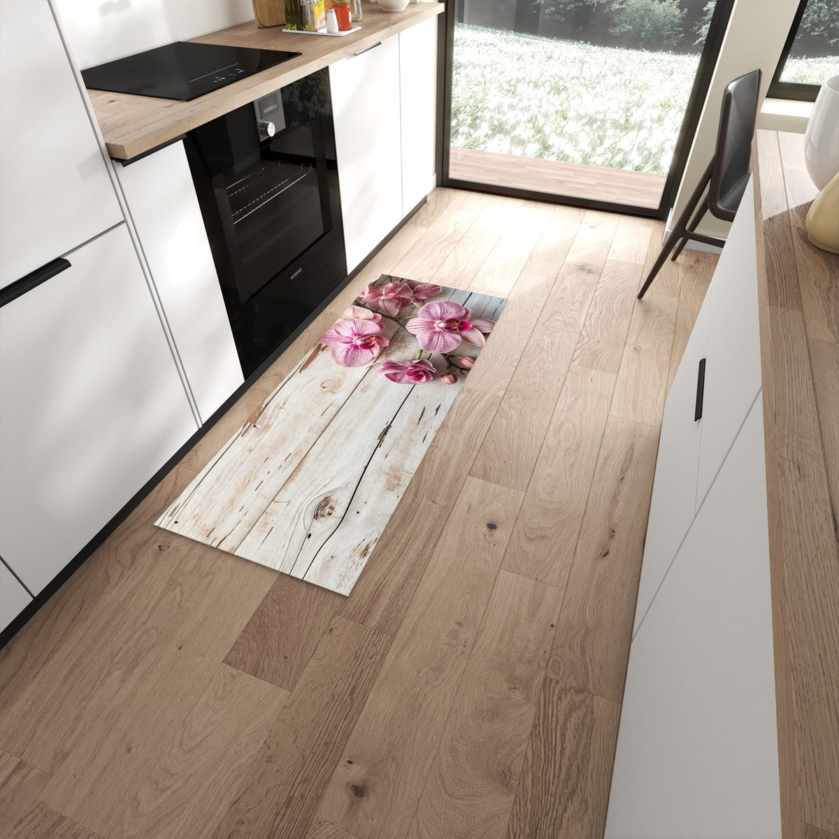 Feuchtigkeitsresistenter rutschfester Küchenläufer mit Motiv Orchideen auf Holz in moderner Küche #grösse_60 x 150 cm