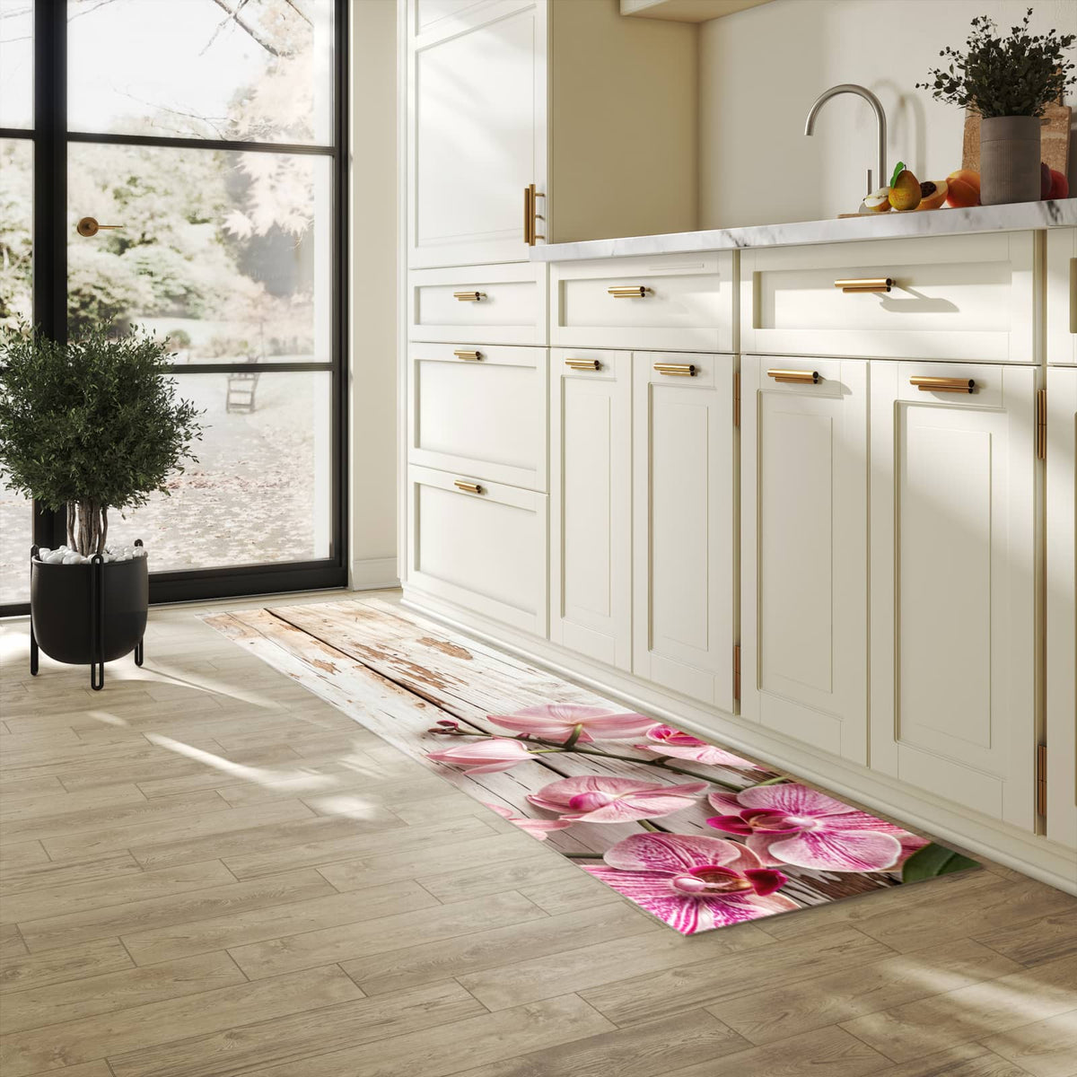 Zeitsparender Küchenläufer mit Motiv Orchideen auf Holz in heller Küche