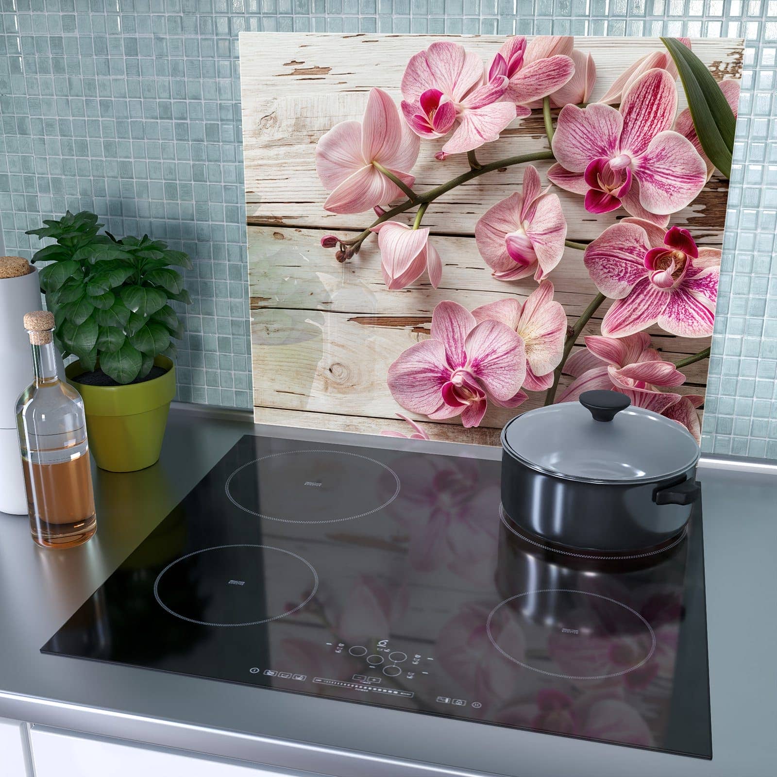 1-teilige Herdabdeckplatte mit Orchideen auf Holz-Motiv als Spritzschutz hinter dem Kochfeld
