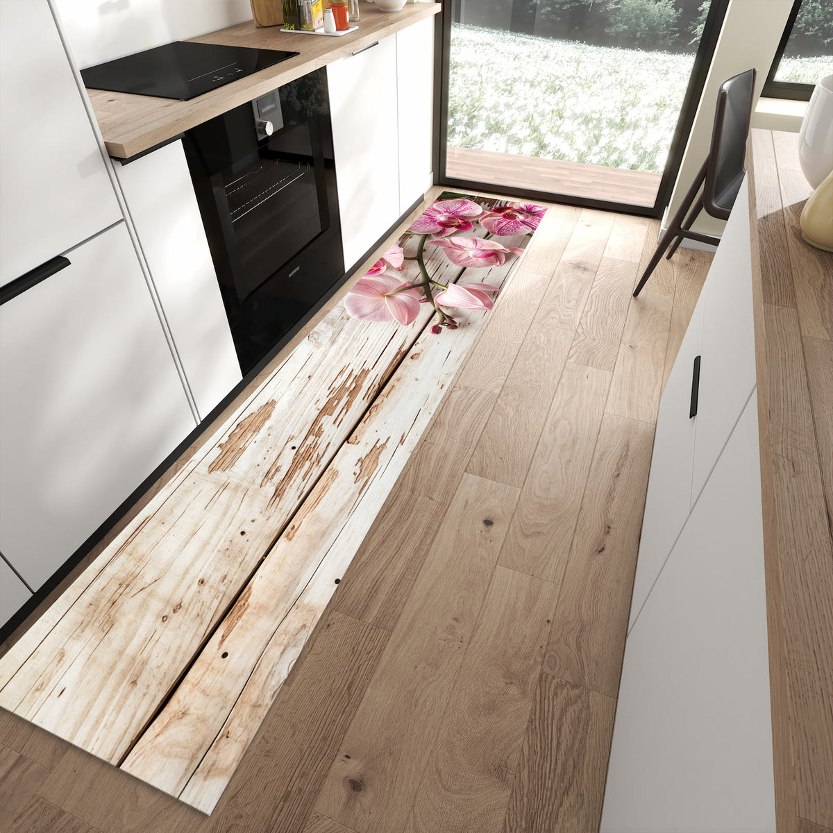 Farbbeständiger Küchenläufer mit Motiv Orchideen auf Holz in moderner Küche