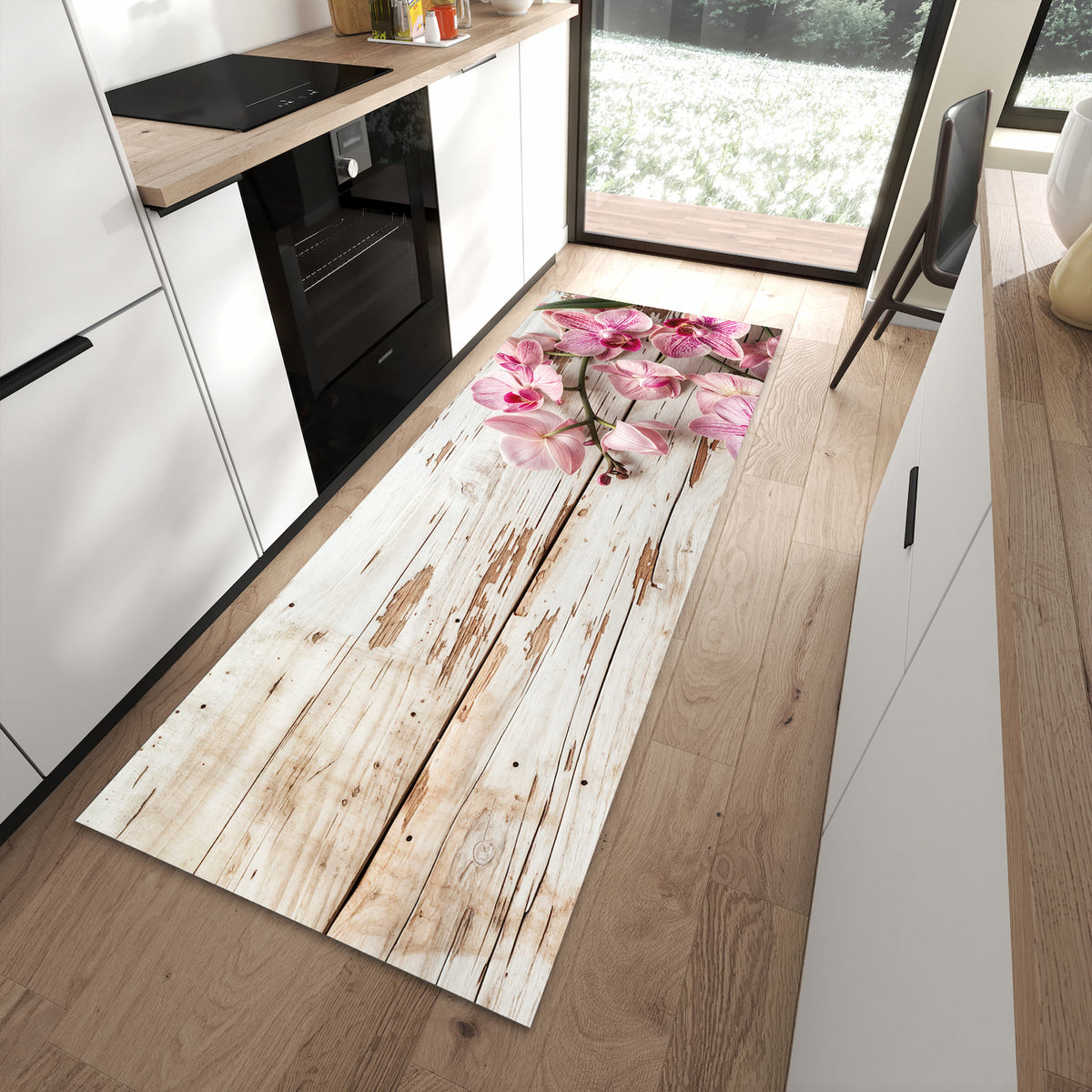 Komfortabler Küchenteppich mit Motiv Orchideen auf Holz in moderner Küche