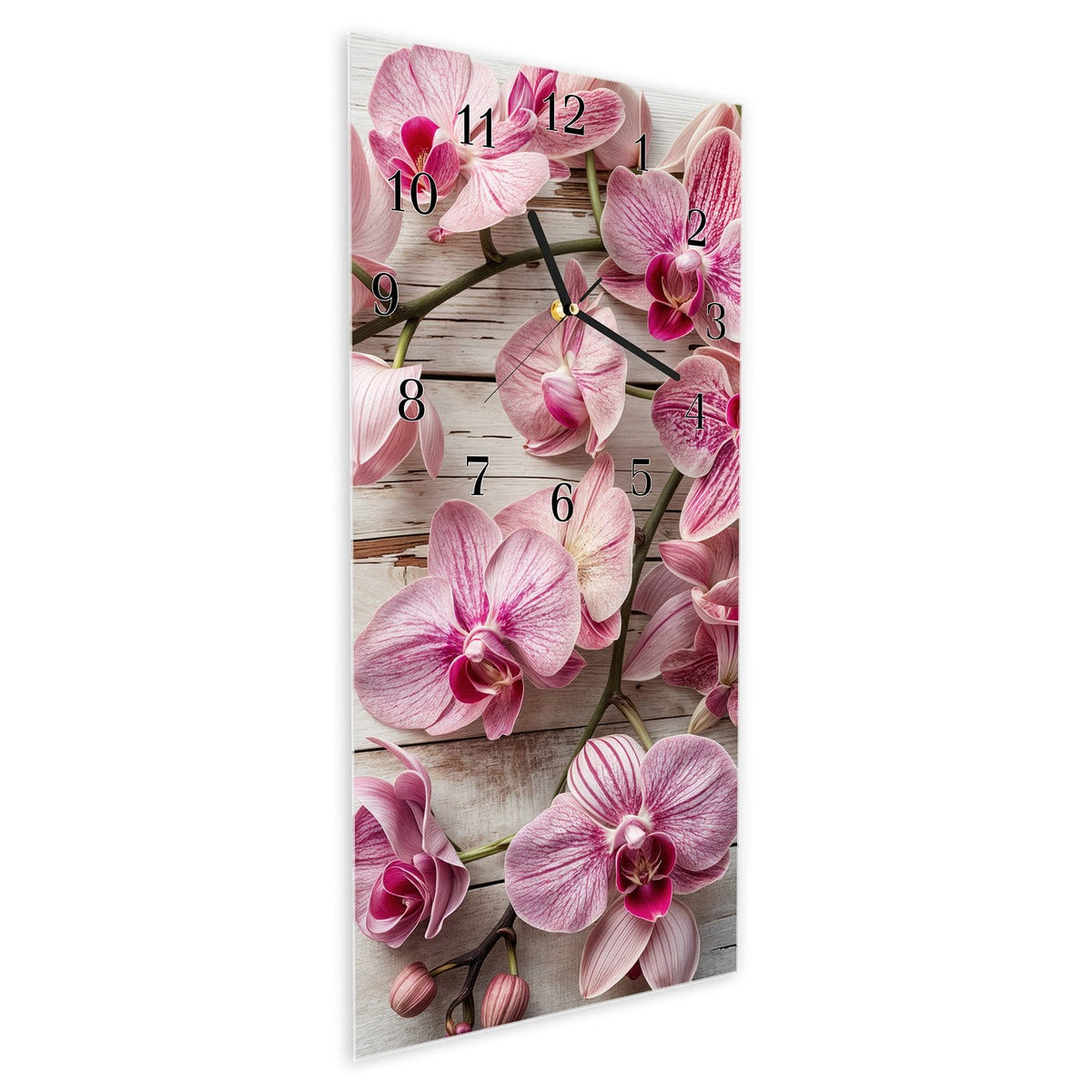 Vormontiert – mit Schwebeeffekt – Wanduhr Orchideen auf Holz aus Glas – Hochformat 30 × 60 cm