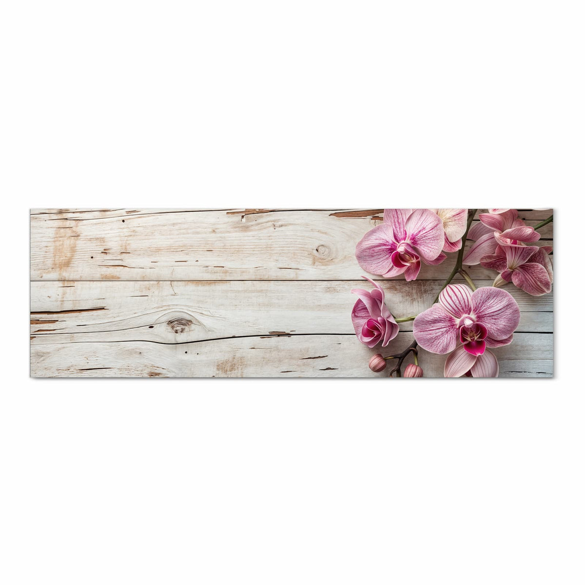 Flacher großer Küchenteppich mit Motiv Orchideen auf Holz in Frontansicht