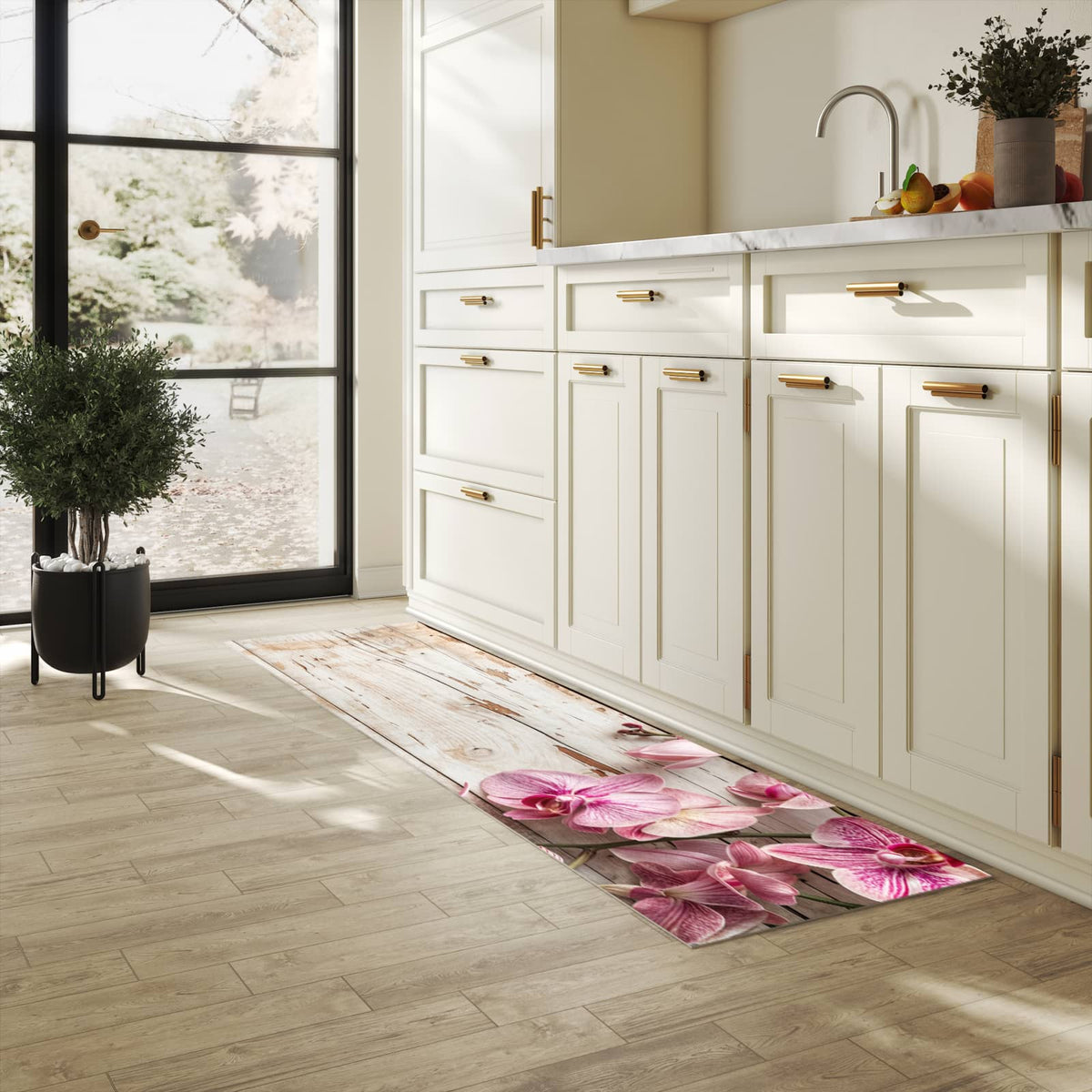 Küchenteppich mit Motiv Orchideen auf Holz in heller Küche für sichere Aufbewahrung