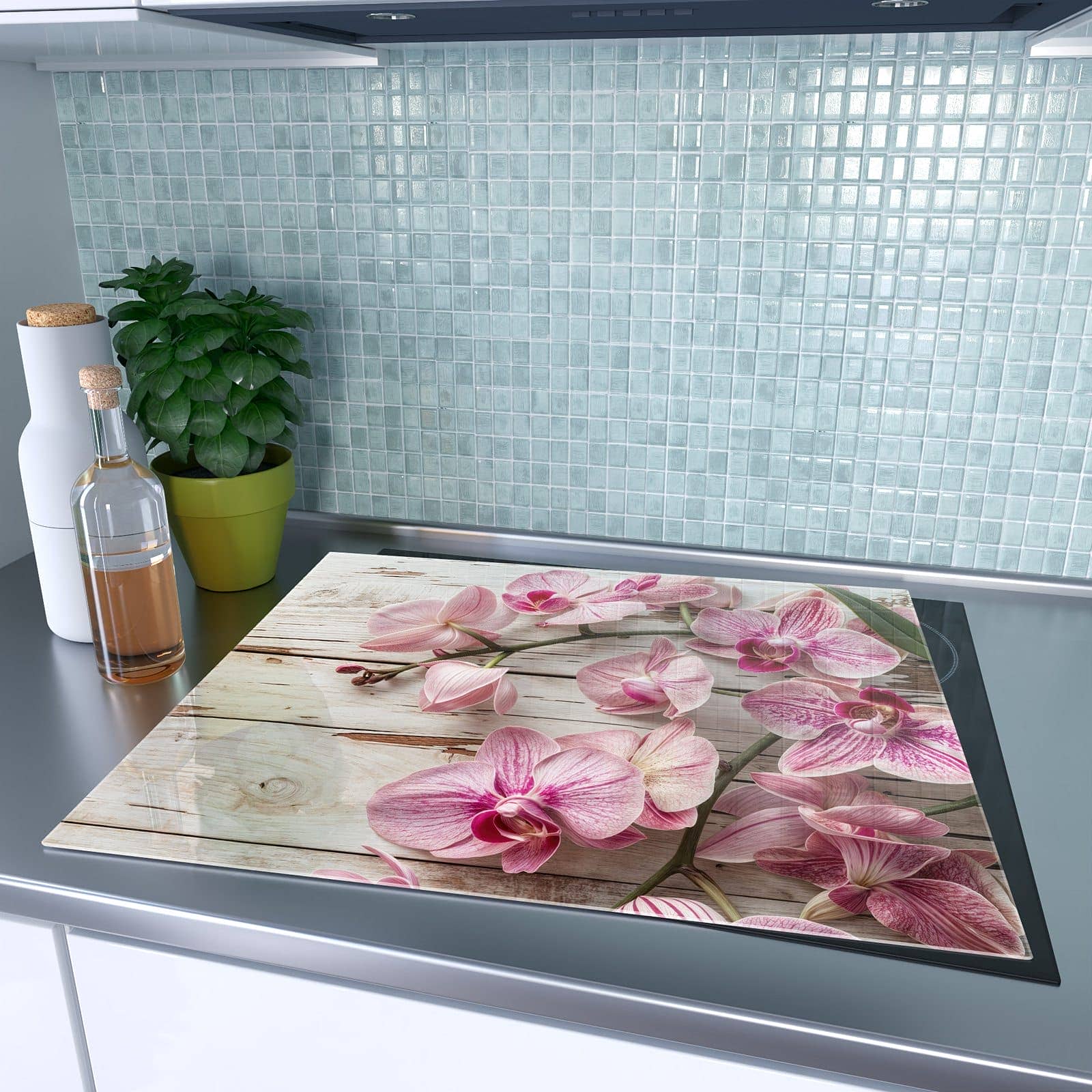 1-teilige Herd Schutzplatte mit Orchideen auf Holz-Motiv auf dem Ceranfeld