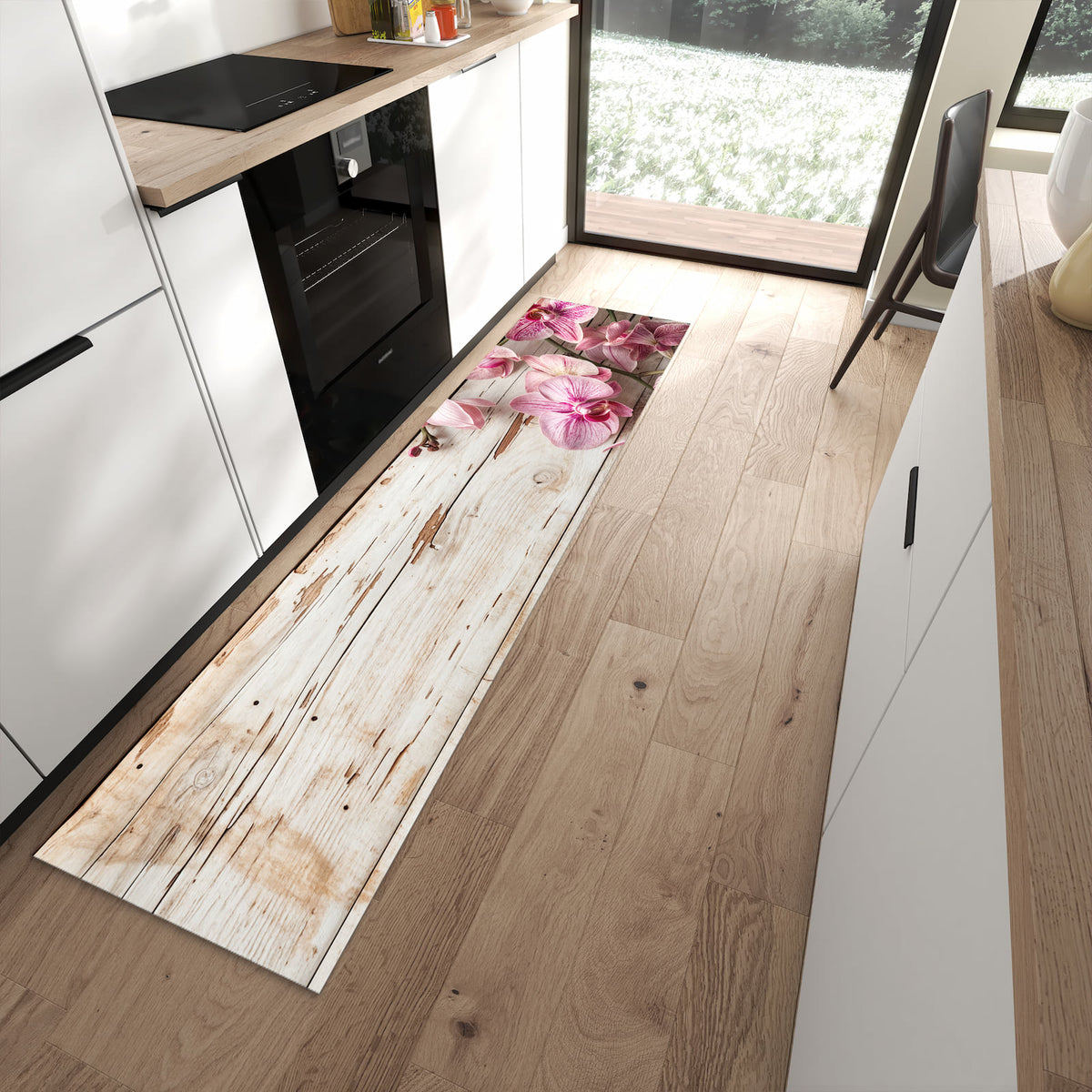 Waschbarer Küchenläufer mit Motiv Orchideen auf Holz für Ordnung in moderner Küche