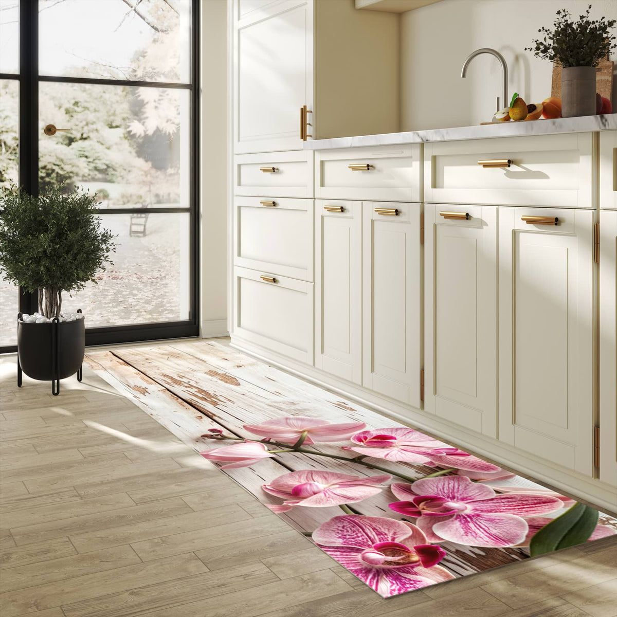 Fleckenresistenter rutschfester Küchenläufer mit Motiv Orchideen auf Holz in heller Küche