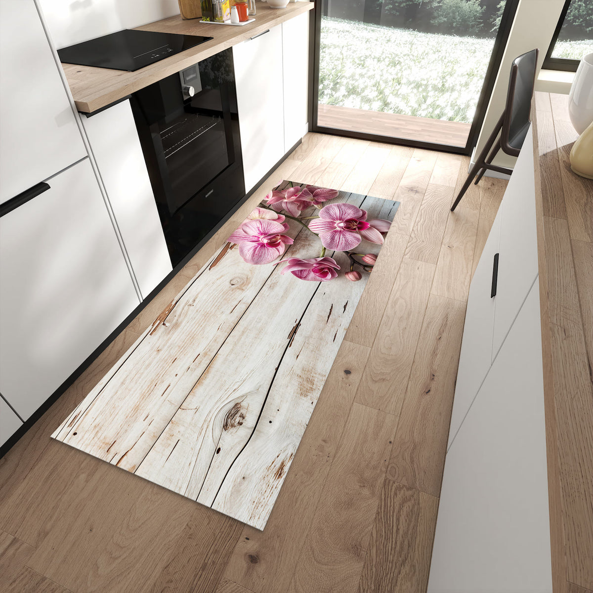 Waschbarer Küchenläufer mit Motiv Orchideen auf Holz in moderner Küche für sichere Aufbewahrung