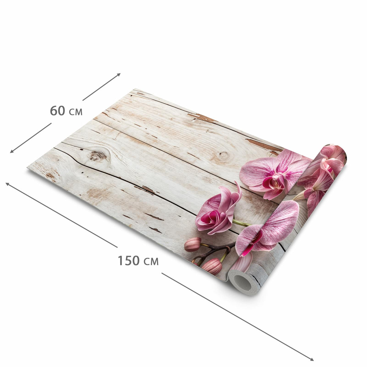 Abriebfester Küchenteppich mit Motiv Orchideen auf Holz in der Grösse 60x180 cm