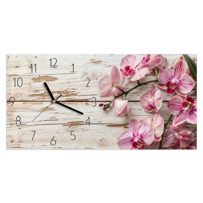 Wanduhr Orchideen auf Holz aus Glas – Querformat 60 × 30 cm mit Ziffernblatt Elegant