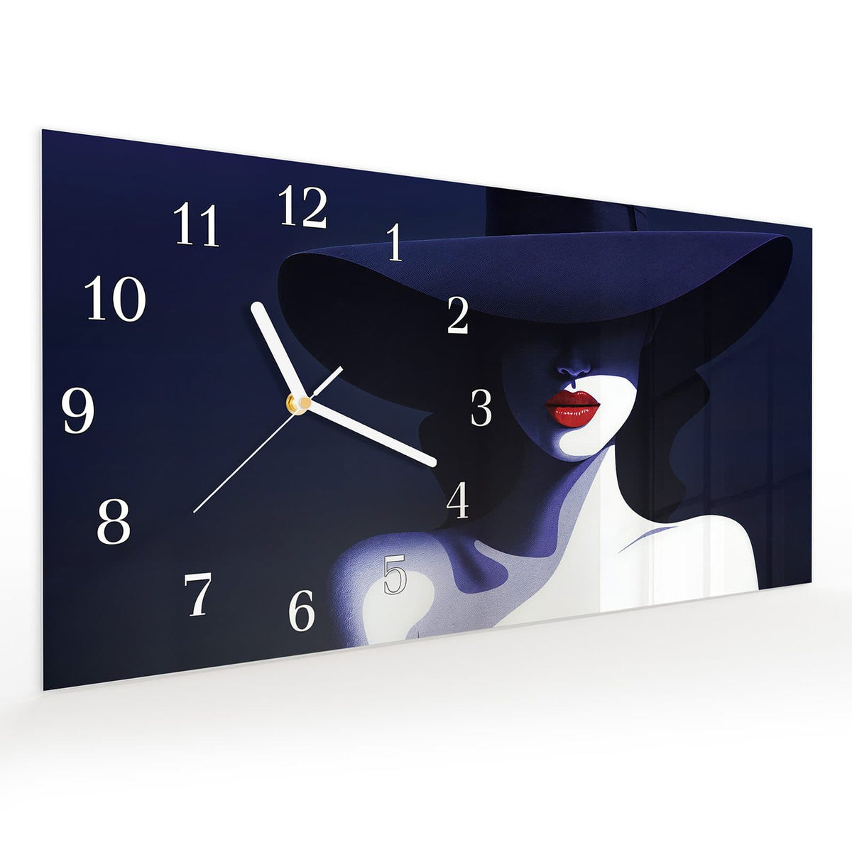 Vormontiert – mit Schwebeeffekt – Wanduhr Dame Mit Hut Dunkel aus Glas – Querformat 60 × 30 cm