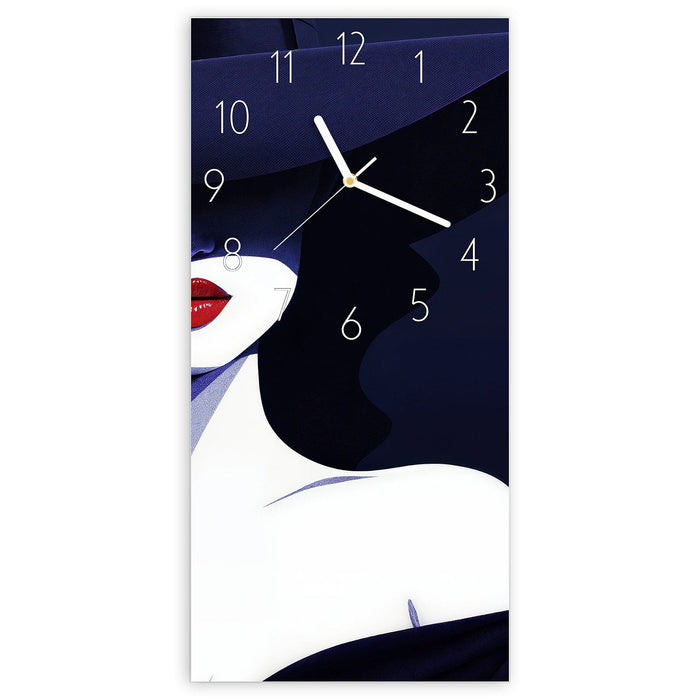 Wanduhr Dame Mit Hut Dunkel aus Glas – Hochformat 30 × 60 cm mit Ziffernblatt Elegant
