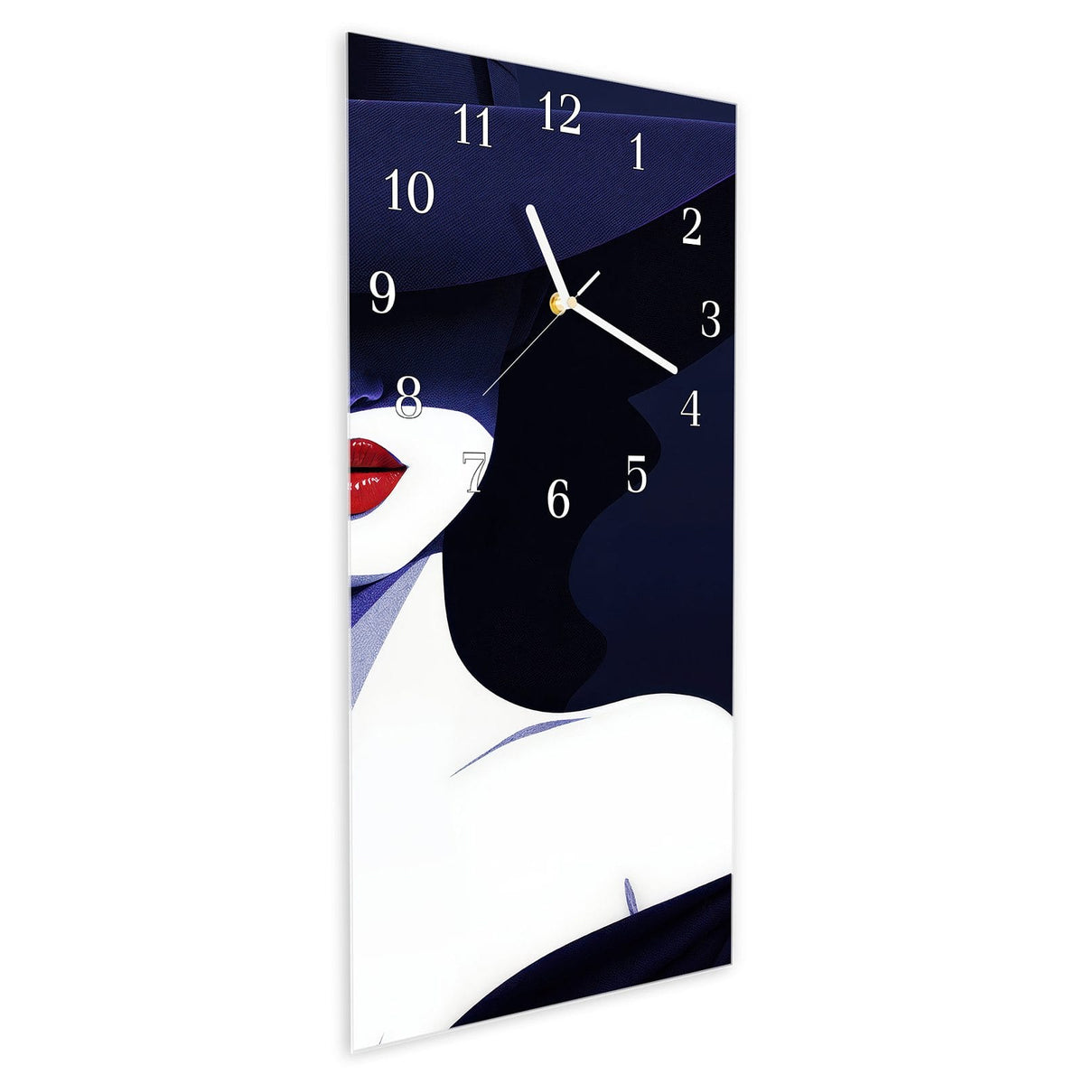 Vormontiert – mit Schwebeeffekt – Wanduhr Dame Mit Hut Dunkel aus Glas – Hochformat 30 × 60 cm