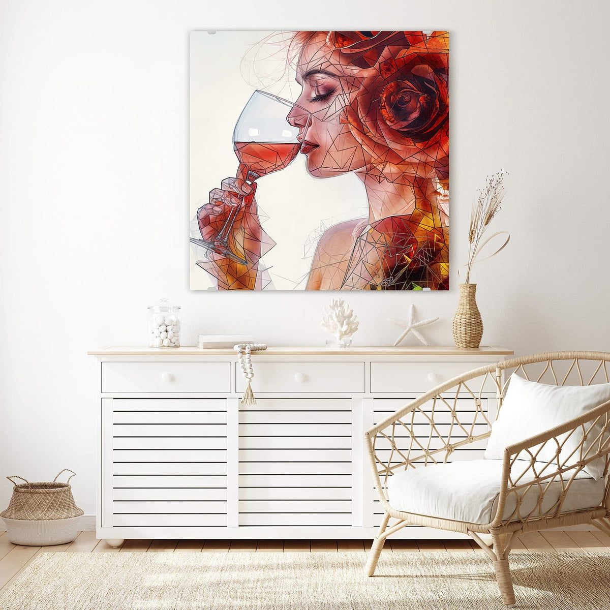Echtglas, 4 mm – kein Acryl, keine Folie – Wandbild - Weintrinkende Frau - Quadratisch