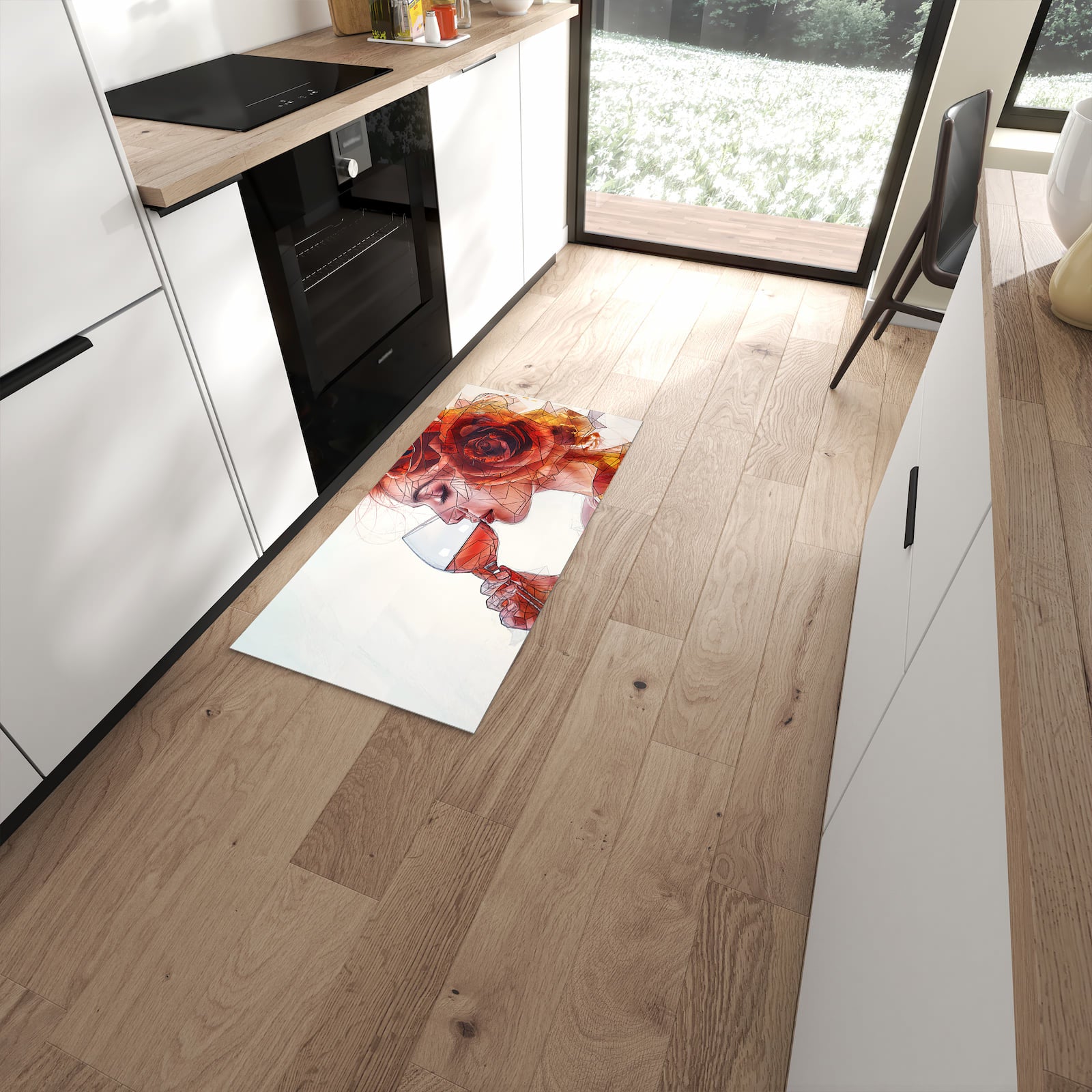 Schmutzabweisender Küchenteppich mit Motiv Weintrinkende Frau in moderner Küche #grösse_60 x 120 cm