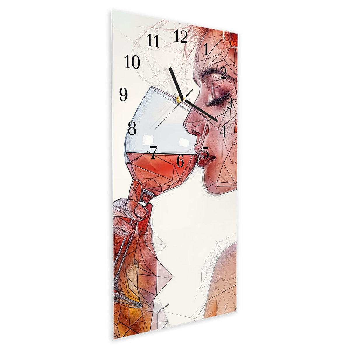 Vormontiert – mit Schwebeeffekt – Wanduhr Weintrinkende Frau aus Glas – Hochformat 30 × 60 cm