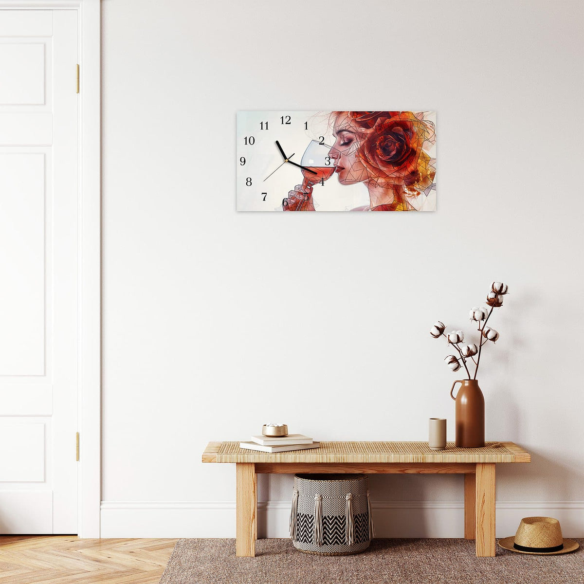 Moderne Wanduhr aus Glas mit Farbtiefe – Wanduhr Weintrinkende Frau aus Glas – Querformat 60 × 30 cm