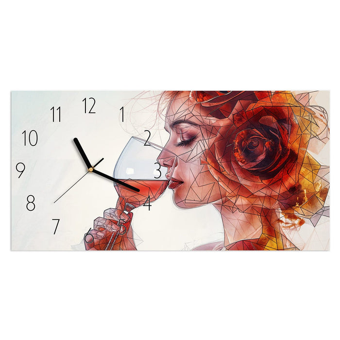 Wanduhr Weintrinkende Frau aus Glas – Querformat 60 × 30 cm mit Ziffernblatt Elegant