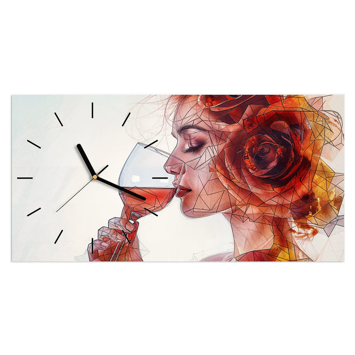 Wanduhr Weintrinkende Frau aus Glas – Querformat 60 × 30 cm mit Ziffernblatt Linie
