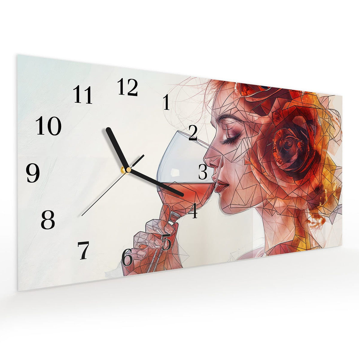 Vormontiert – mit Schwebeeffekt – Wanduhr Weintrinkende Frau aus Glas – Querformat 60 × 30 cm