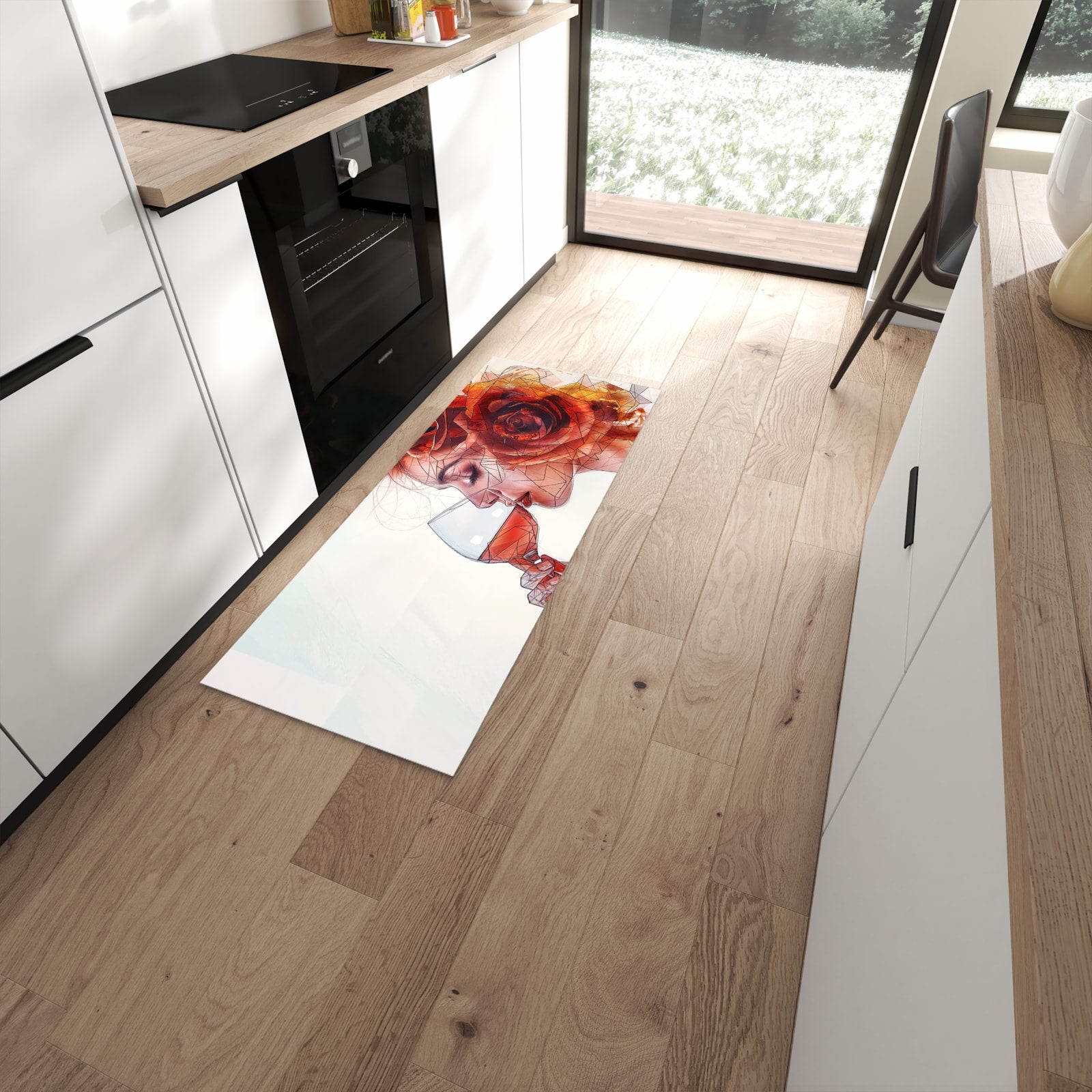 Geruchsneutraler waschbarer Küchenteppich mit Motiv Weintrinkende Frau in moderner Küche #grösse_60 x 150 cm