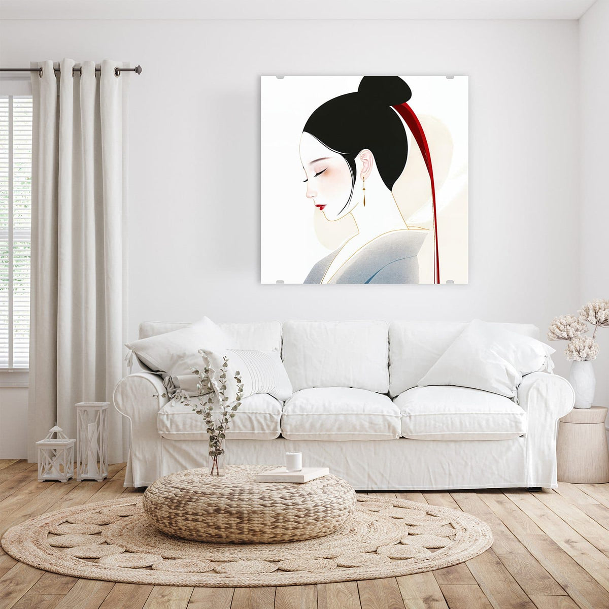 Minimalistisches Frauenprofil mit schwarzem Haarknoten und langem rotem Band