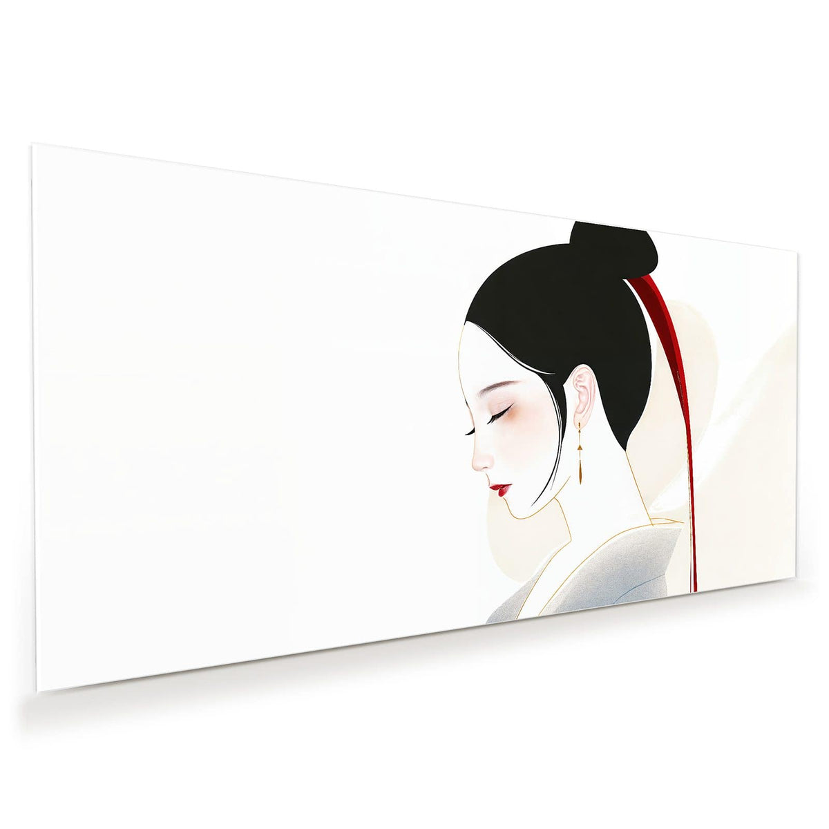 Minimalistisches Frauenprofil mit schwarzem Haarknoten und langem rotem Band
