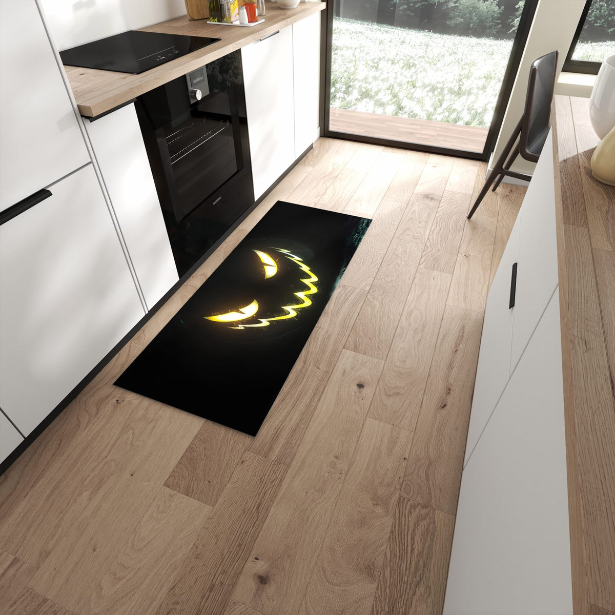 Flacher Küchenteppich mit Motiv Leuchtender Kürbis in moderner Küche #grösse_60 x 150 cm