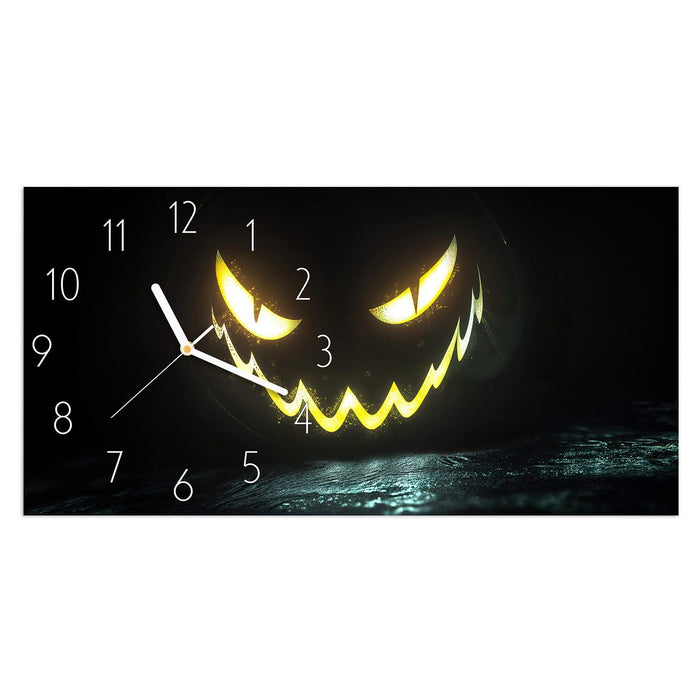Wanduhr Leuchtender Kürbis aus Glas – Querformat 60 × 30 cm mit Ziffernblatt Elegant