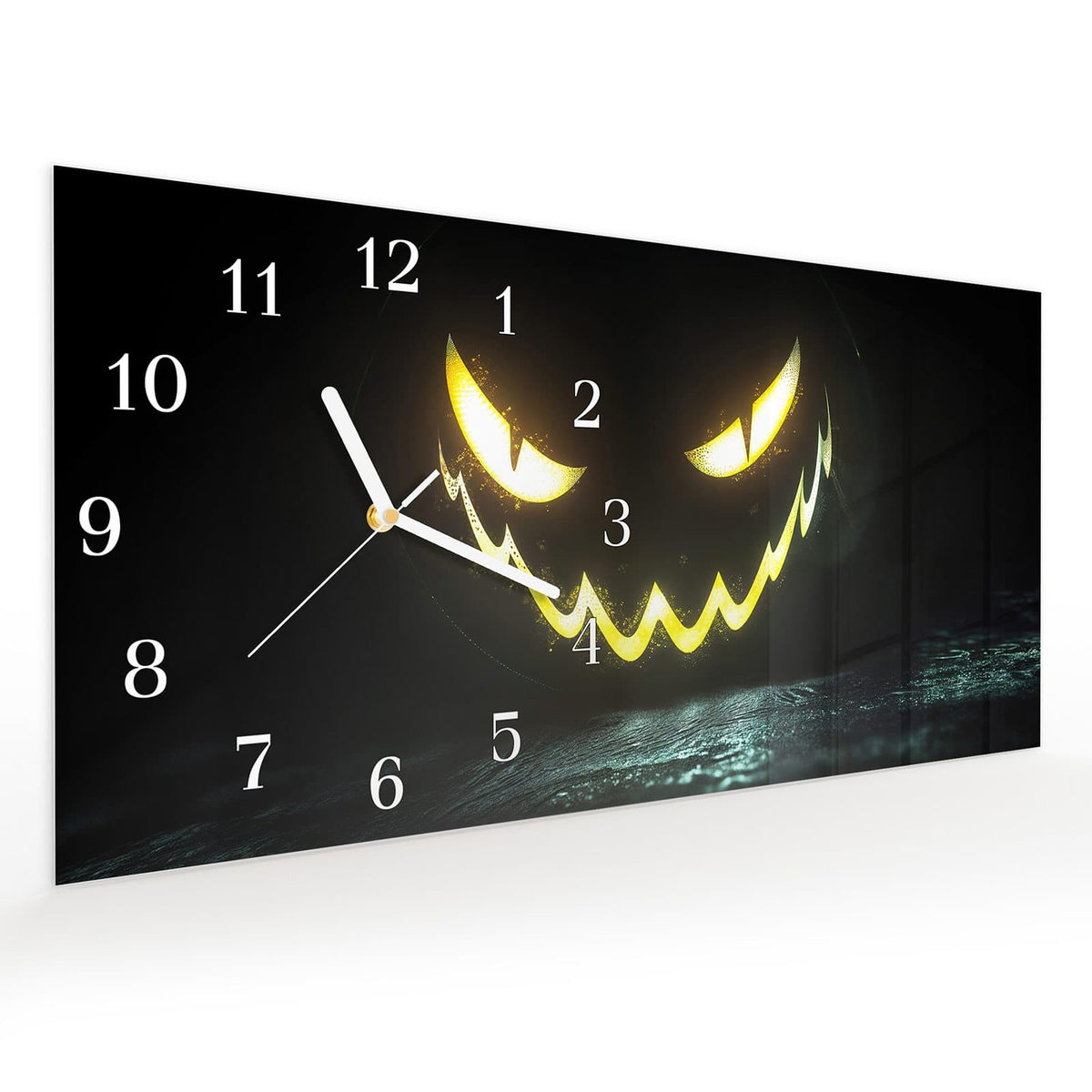 Vormontiert – mit Schwebeeffekt – Wanduhr Leuchtender Kürbis aus Glas – Querformat 60 × 30 cm
