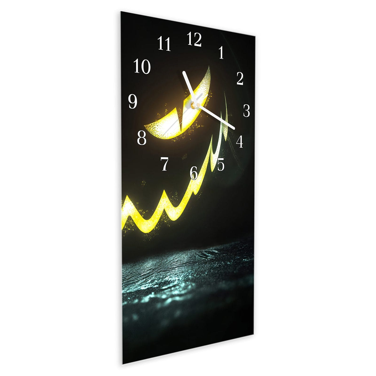 Vormontiert – mit Schwebeeffekt – Wanduhr Leuchtender Kürbis aus Glas – Hochformat 30 × 60 cm