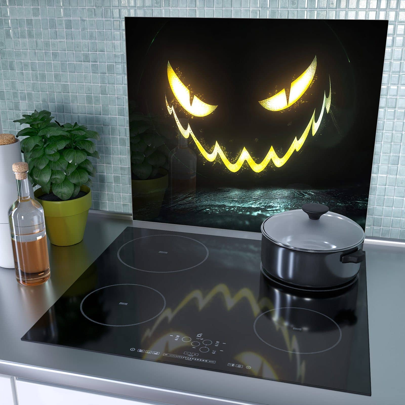 1-teilige Herdabdeckplatten aus Glas mit Leuchtender Kürbis-Motiv als Spritzschutz hinter dem Kochfeld