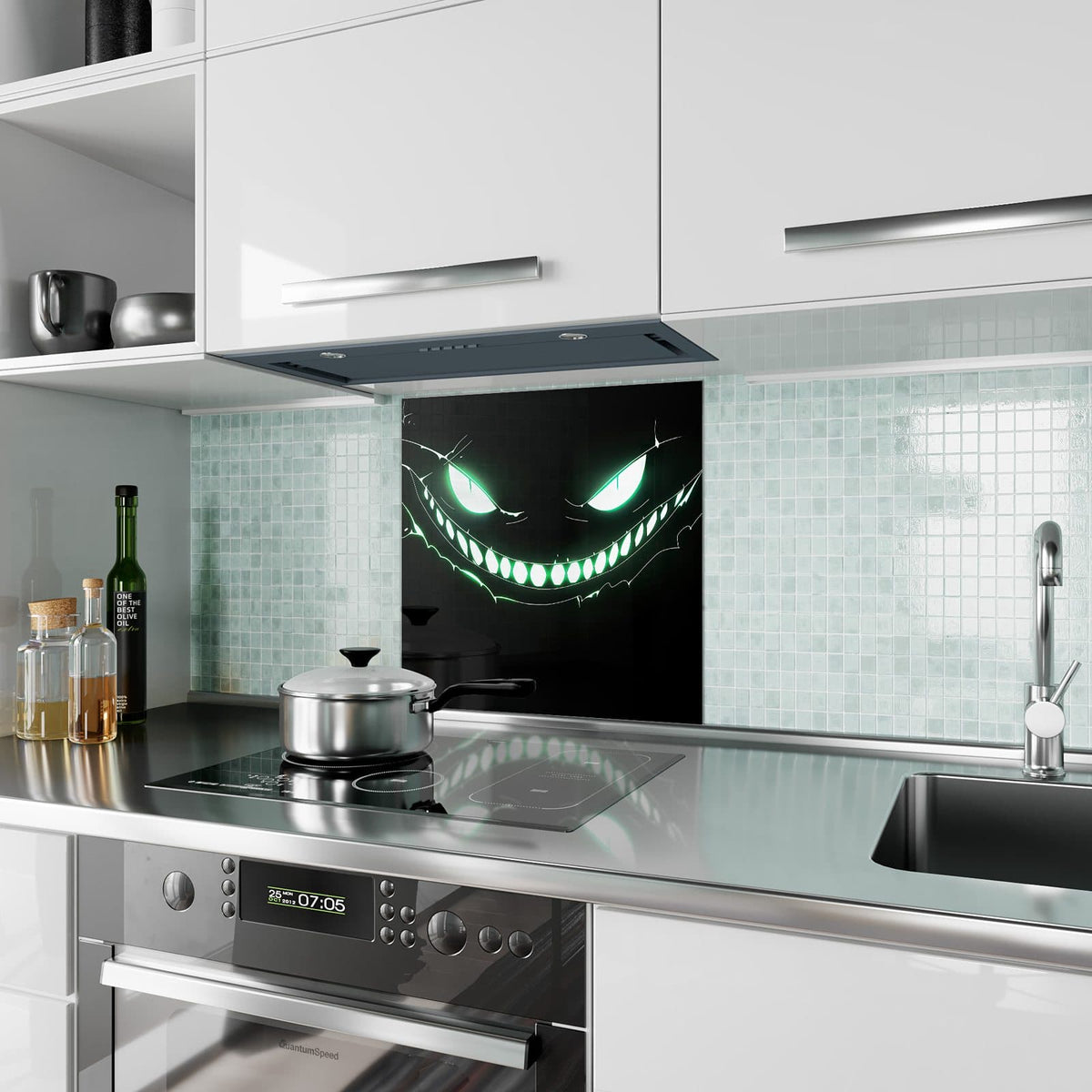 Küchenrückwand aus Glas Leuchtendes Grinsen im quadratischen Format als Spritzschutz hinter dem Kochfeld, über dem Fliesenspiegel montiert