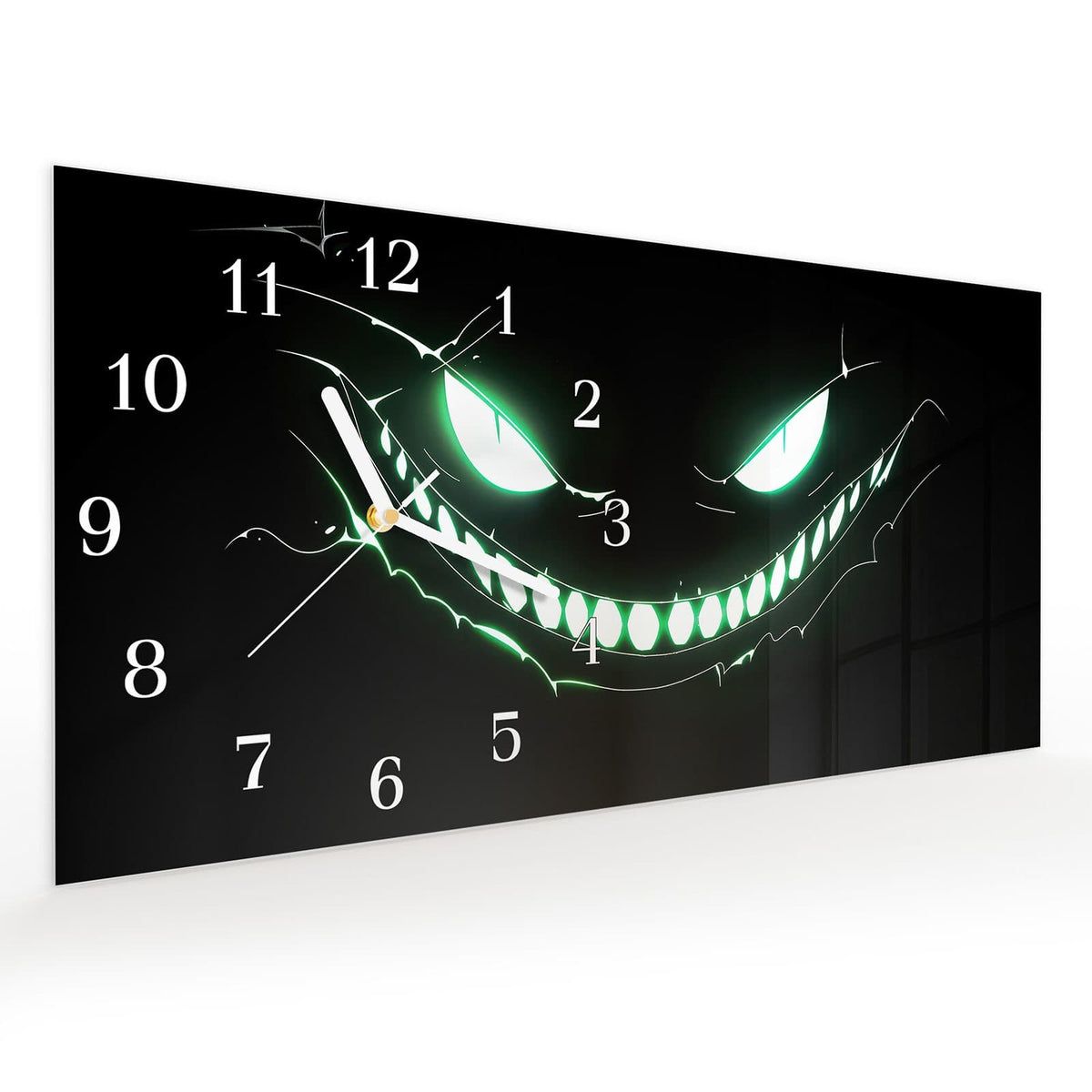 Vormontiert – mit Schwebeeffekt – Wanduhr Grinsendes Gesicht aus Glas – Querformat 60 × 30 cm