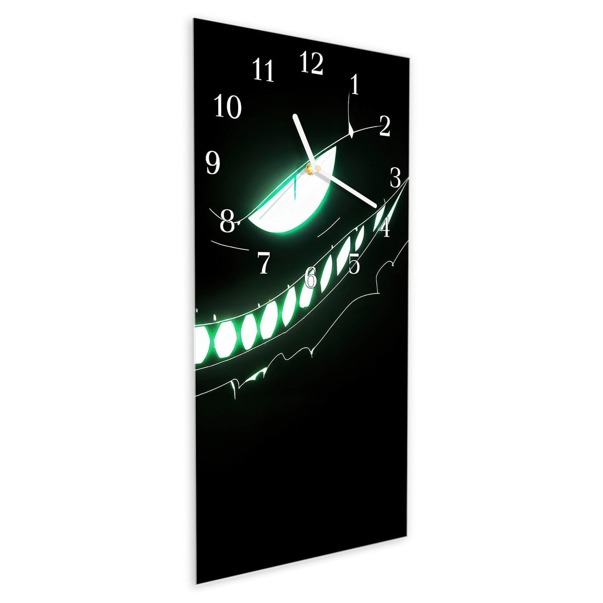 Vormontiert – mit Schwebeeffekt – Wanduhr Grinsendes Gesicht aus Glas – Hochformat 30 × 60 cm