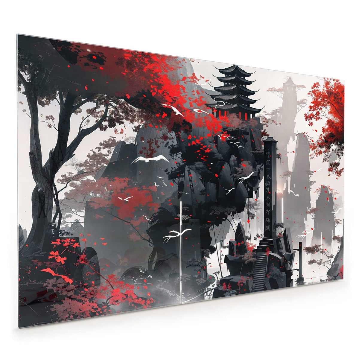 Küchenrückwand aus Glas im Hochformat: Schwarz-rote Tuschelandschaft mit Pagode auf Felsen, roten Ahornblättern und weißen Kranichen