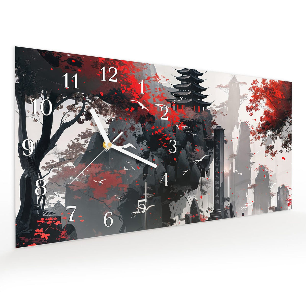 Vormontiert – mit Schwebeeffekt – Wanduhr Mystischer Tempel aus Glas – Querformat 60 × 30 cm